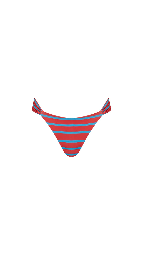 THE RESORT RUCHED ECO BIKINI BOTTOMS - AQUA/RED STRIPE