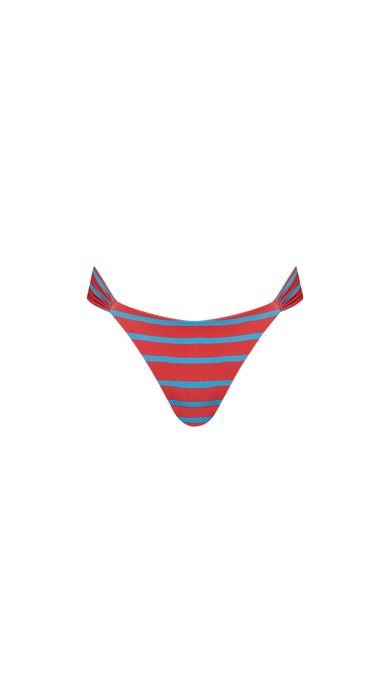 THE RESORT RUCHED ECO BIKINI BOTTOMS - AQUA/RED STRIPE