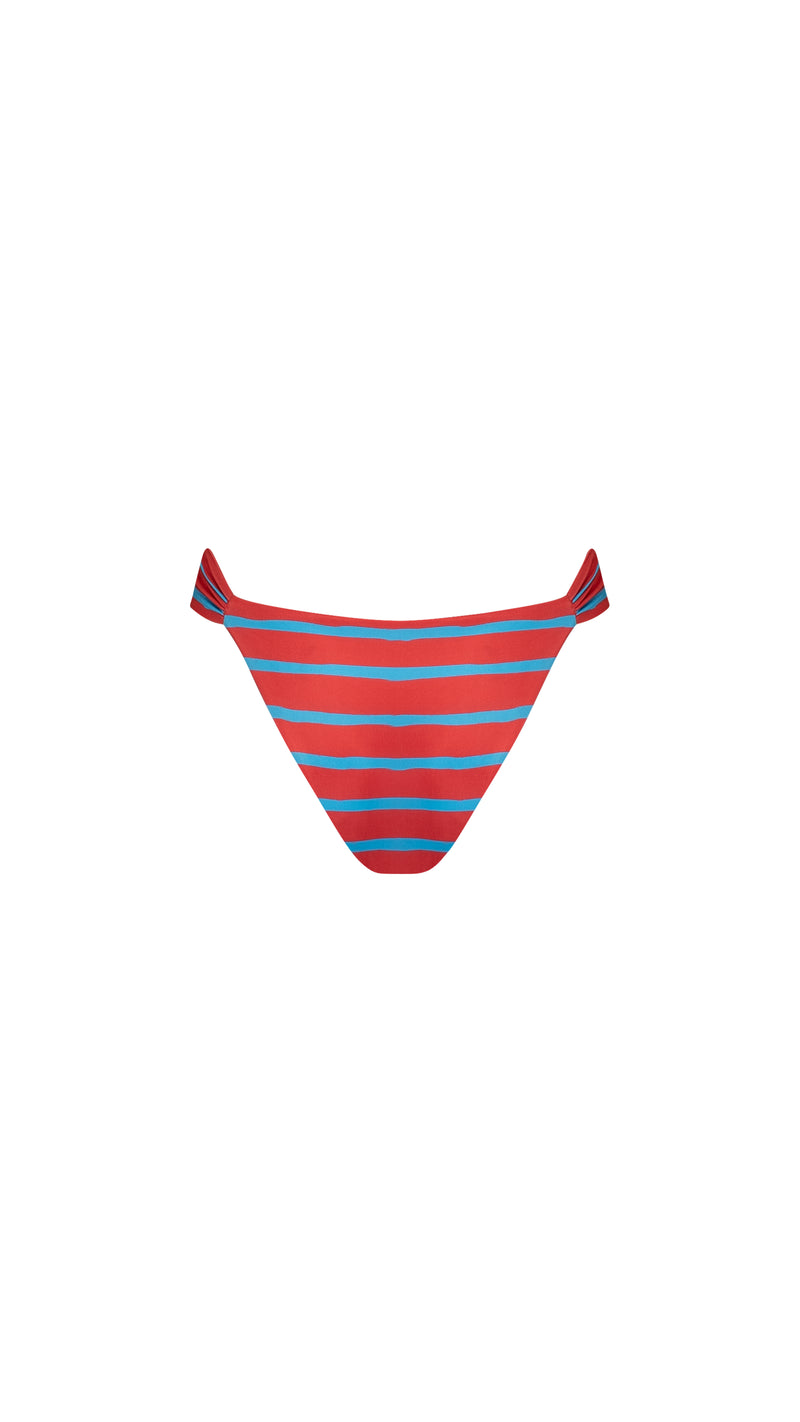 THE RESORT RUCHED ECO BIKINI BOTTOMS - AQUA/RED STRIPE