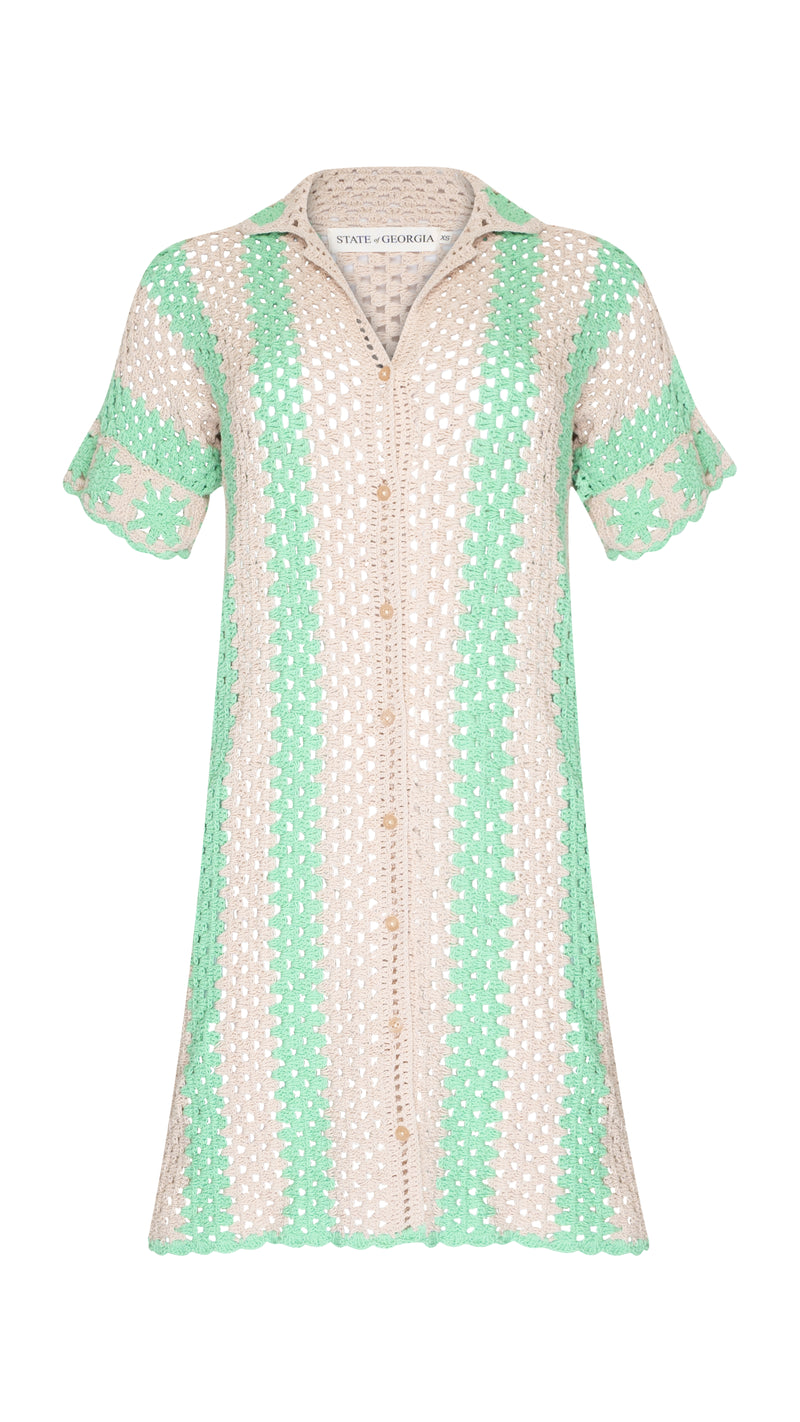 THE COVE CROCHET SHIRT DRESS - GREEN STRIPES