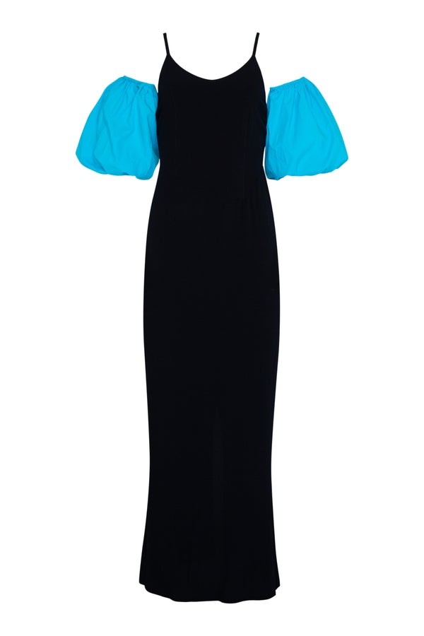 THE PUFF DRESS - BLACK WITH AQUA PUFF SLEEVE