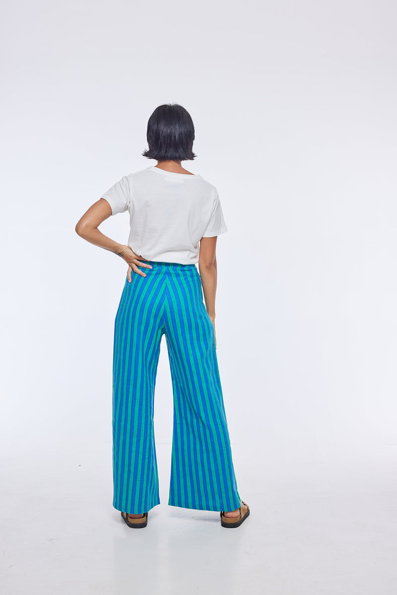 THE BOARDWALK WIDE LEG PANTS - WHIPPY STRIPE GREEN AND BLUE