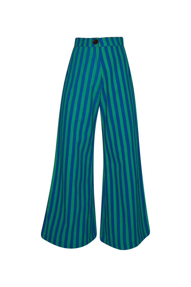 THE BOARDWALK WIDE LEG PANTS - WHIPPY STRIPE GREEN AND BLUE