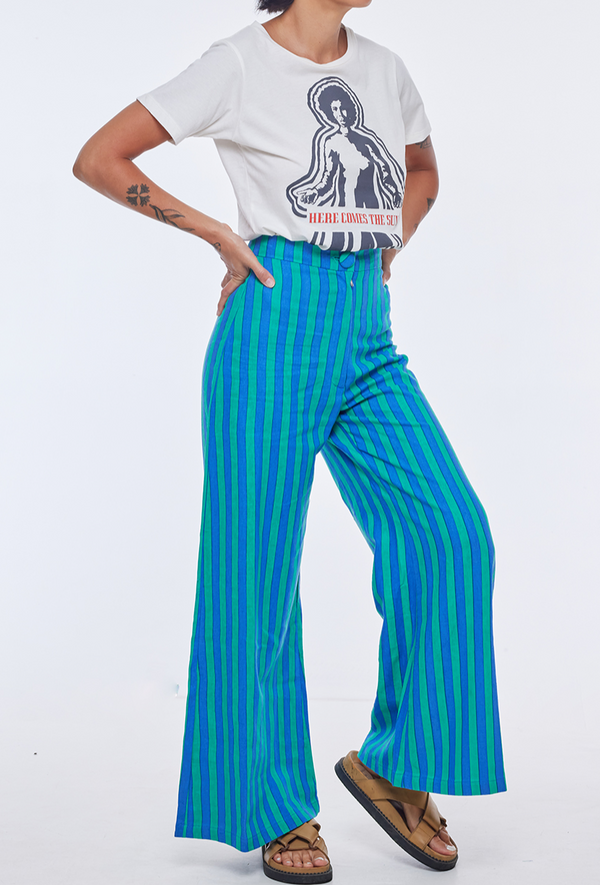 THE BOARDWALK WIDE LEG PANTS - WHIPPY STRIPE GREEN AND BLUE